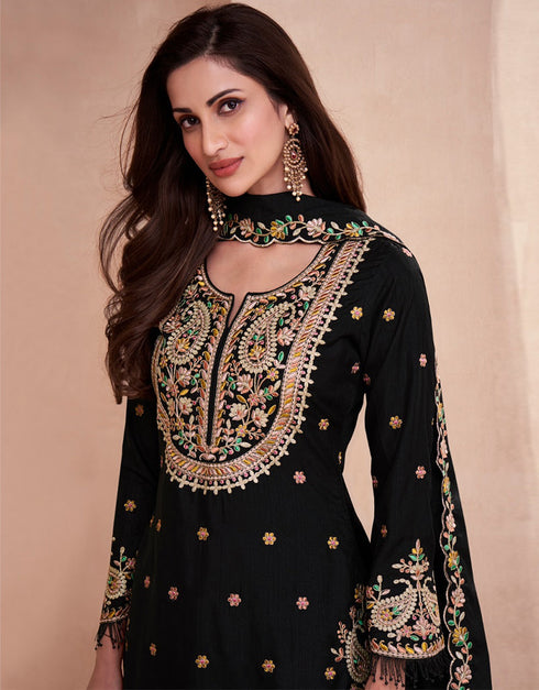 Traditional Function Wear Heavy Dolla Silk Readymade Suit Collection Black Dolla Silk Palazzo Suit Close-up View
