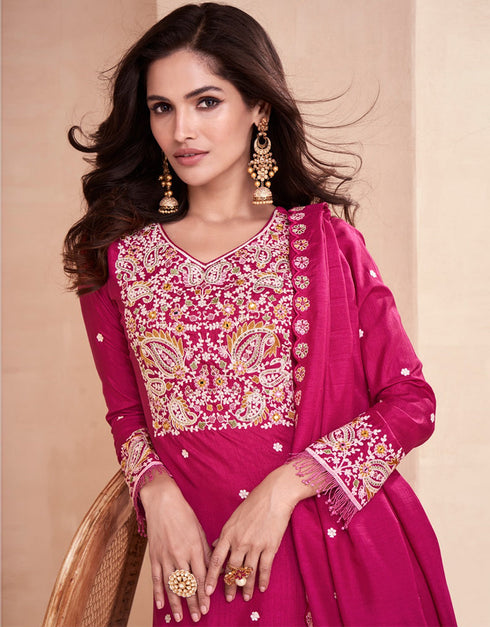 Traditional Function Wear Heavy Dolla Silk Readymade Suit Collection Rani Pink Dolla Silk Palazzo Suit Close-up View