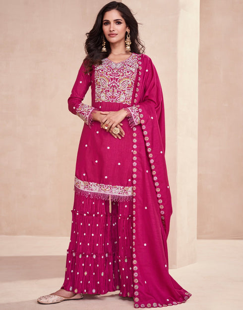 Traditional Function Wear Heavy Dolla Silk Readymade Suit Collection Rani Pink Dolla Silk Palazzo Suit Front View