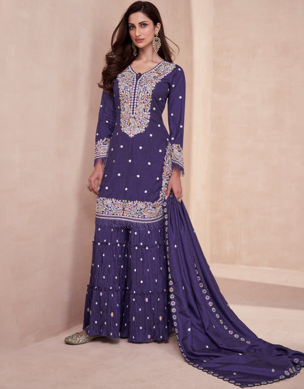 Traditional Function Wear Heavy Dolla Silk Readymade Suit Collection Purple Dolla Silk Palazzo Suit Front View