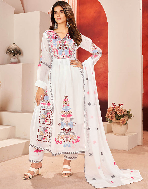 Traditional Function Wear Heavy Faux Georgette Readymade Suit Collection White Heavy Faux Georgette Pant Straight Front View