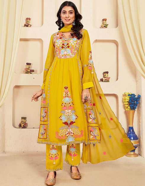 Traditional Function Wear Heavy Faux Georgette Readymade Suit Collection Yellow Heavy Faux Georgette Pant Straight Close-up View