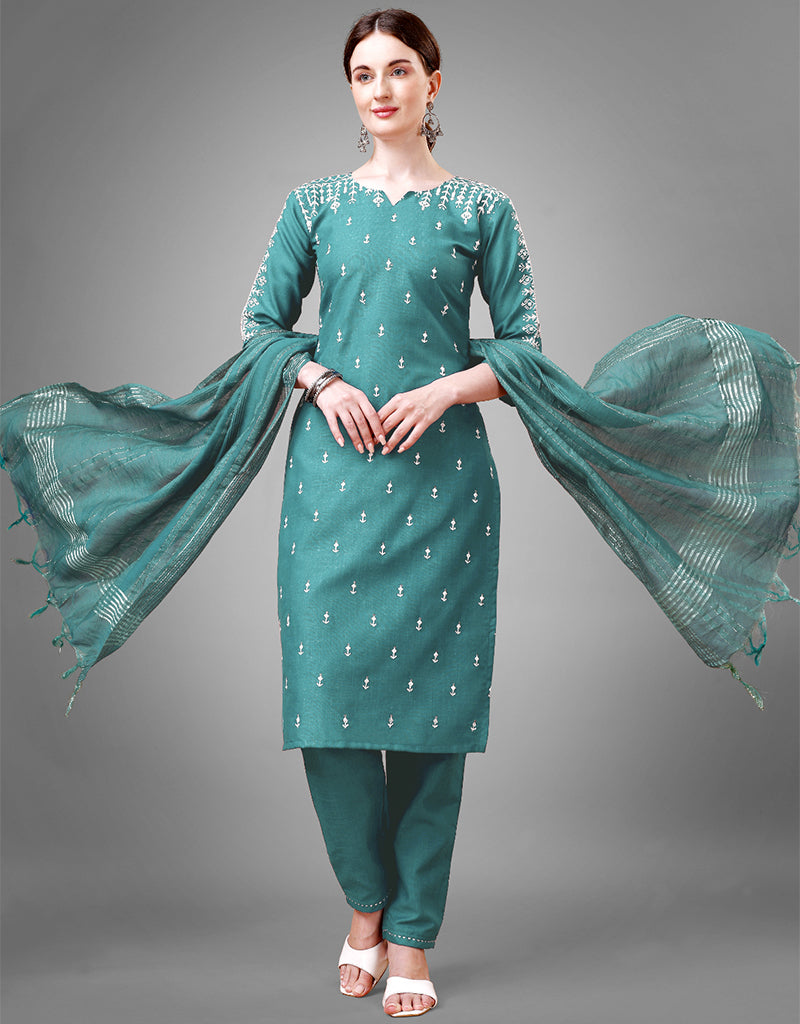 Teal Designer Readymade Pant Suit With Embroidery sequence Work main image 0