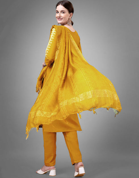Traditional Function Wear Readymade Suit Collection Yellow Cotton Blend Pant Straight Back View