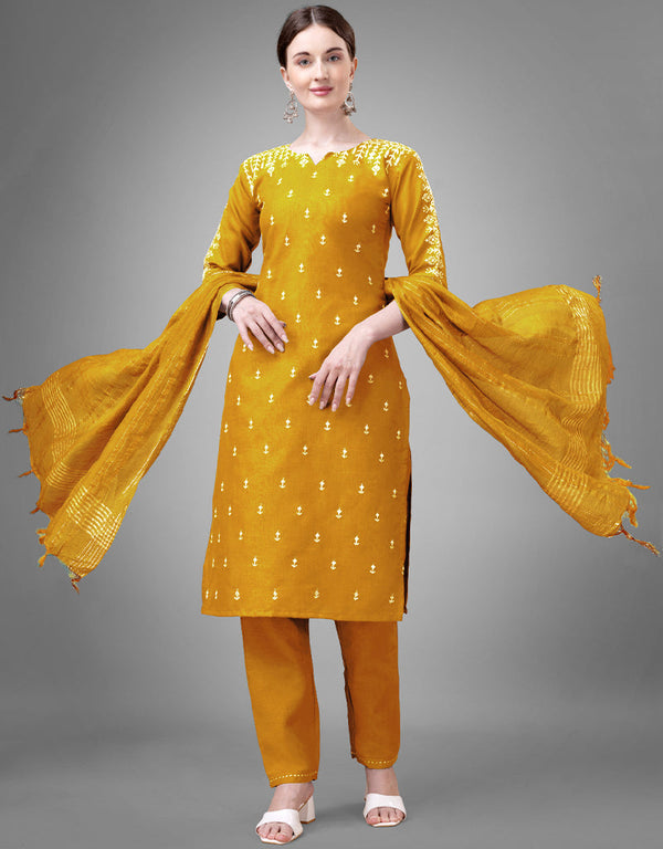 Traditional Function Wear Readymade Suit Collection Yellow Cotton Blend Pant Straight Front View