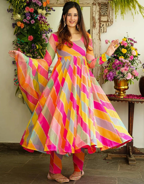 Traditional Function Wear Heavy Readymade Gown With Dupatta Collection Multi Georgette Gown Front View