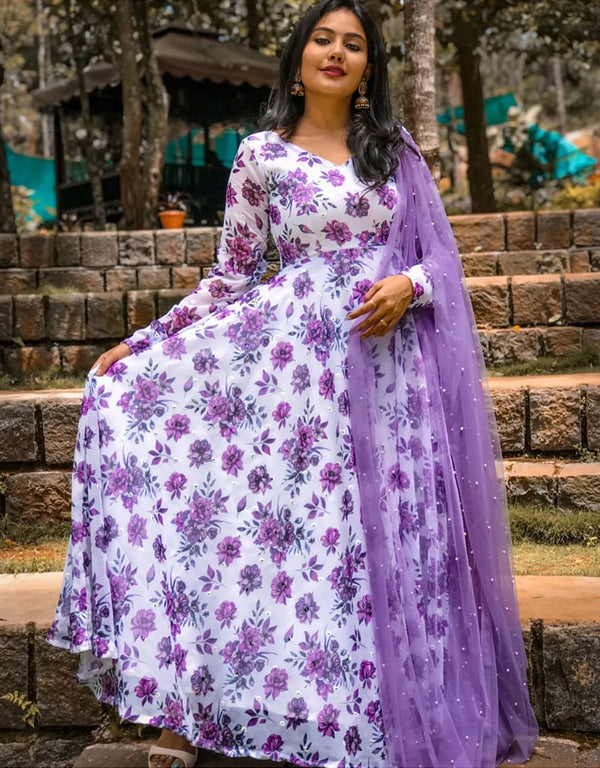 Traditional Function Wear Heavy Readymade Gown With Dupatta Collection White Georgette Gown Front View