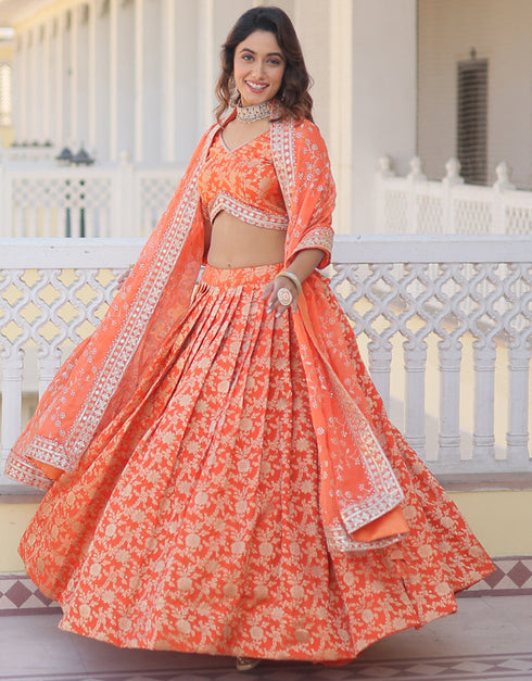 Designer Wedding Party Wear Heavy Lehenga Choli Collection Orange Pure Dyeable Viscose Jacquard Lehenga Choli Back View
