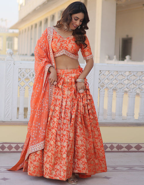 Designer Wedding Party Wear Heavy Lehenga Choli Collection Orange Pure Dyeable Viscose Jacquard Lehenga Choli Front View
