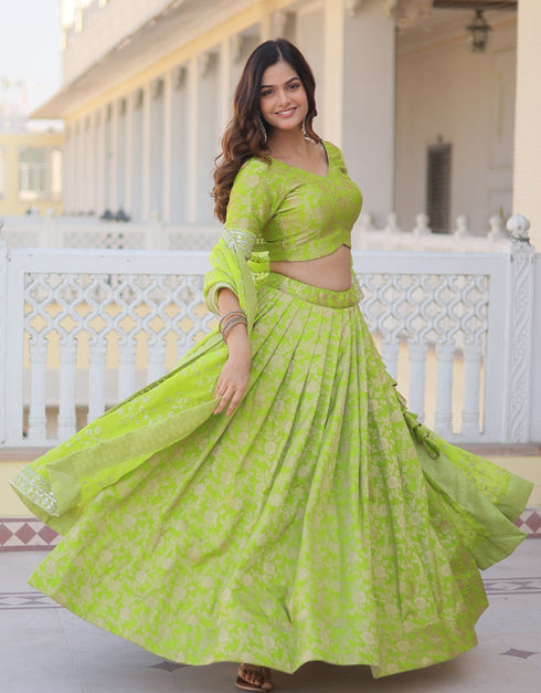 Designer Wedding Party Wear Heavy Lehenga Choli Collection Pista Pure Dyeable Viscose Jacquard Lehenga Choli Close-up View