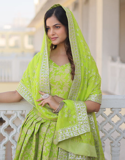 Designer Wedding Party Wear Heavy Lehenga Choli Collection Pista Pure Dyeable Viscose Jacquard Lehenga Choli Front View