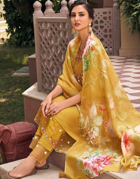 Traditional Function Wear Readymade Suit Collection Mustard Muslin Pant Straight Back View