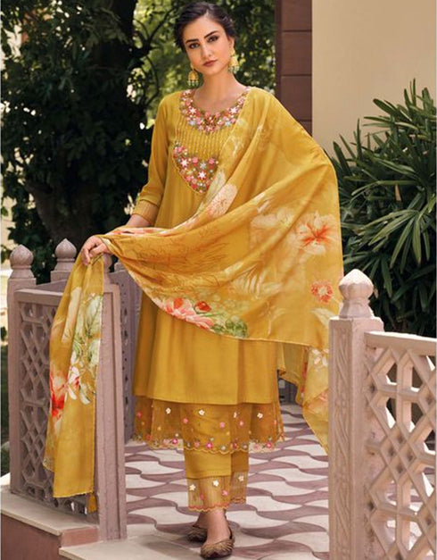 Traditional Function Wear Readymade Suit Collection Mustard Muslin Pant Straight Front View