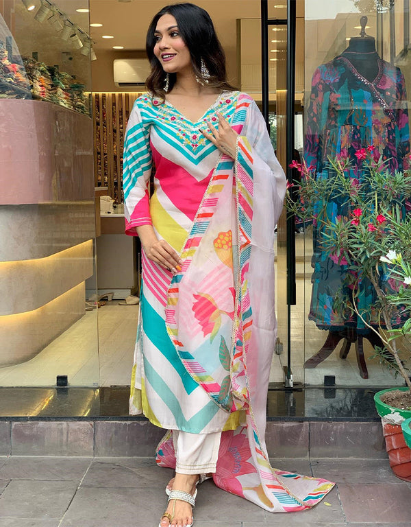 Traditional Function Wear Readymade Suit Collection Multi Maslin Pant Straight Front View