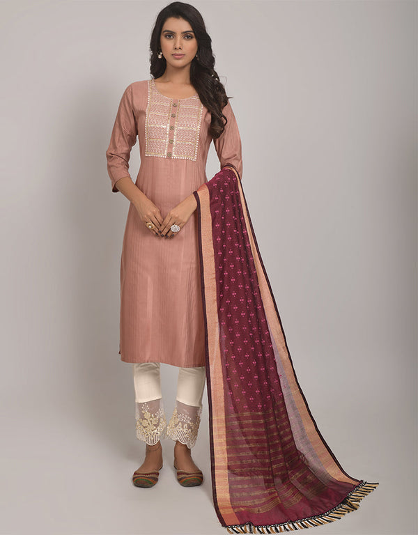 Traditional Function Wear Readymade Suit Collection Peach Viscose Rayon Blend Pant Straight Front View