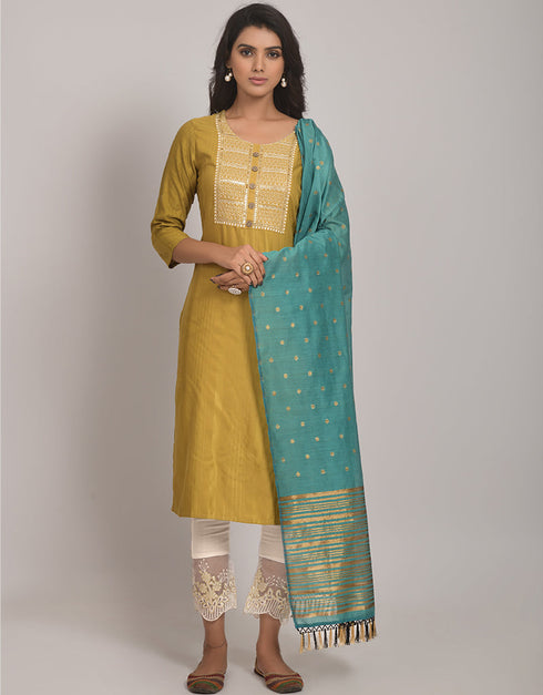 Traditional Function Wear Readymade Suit Collection Yellow Viscose Rayon Blend Pant Straight Front View