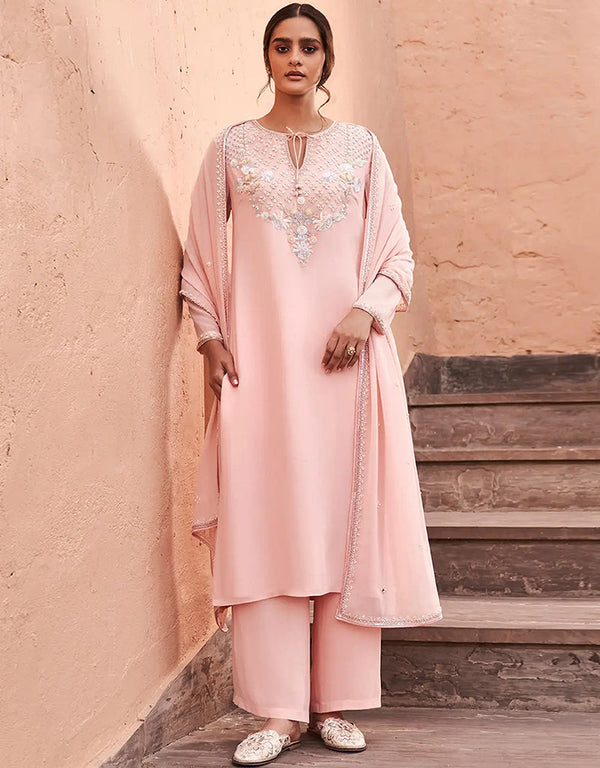 Traditional Function Wear Readymade Suit Collection Peach Viscose Palazzo Straight Front View
