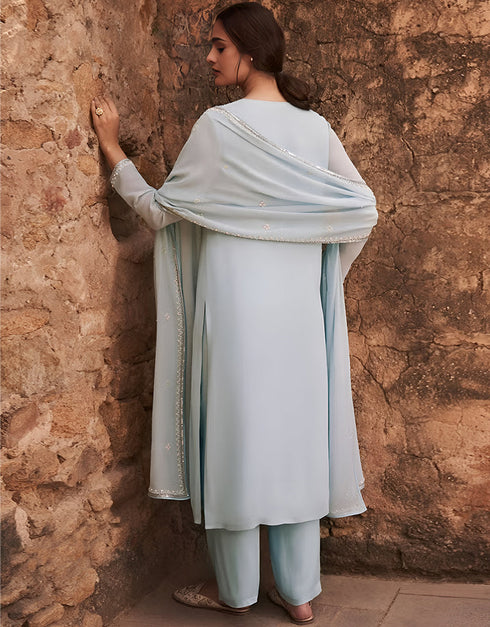 Traditional Function Wear Readymade Suit Collection Sky Viscose Palazzo Straight Close-up View