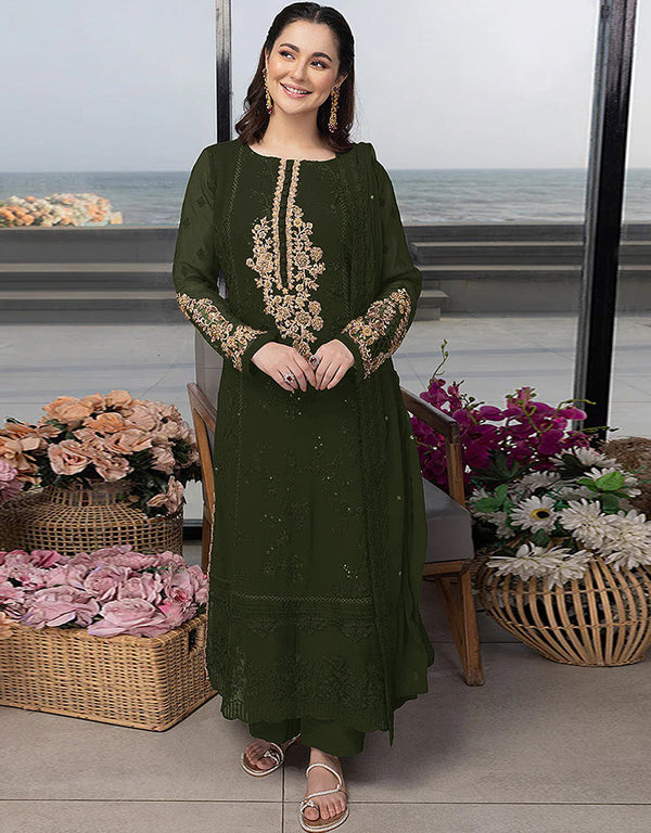 Designer Party Wear Georgette Salwar Suit Collection Green Georgette Pant Straight Front View