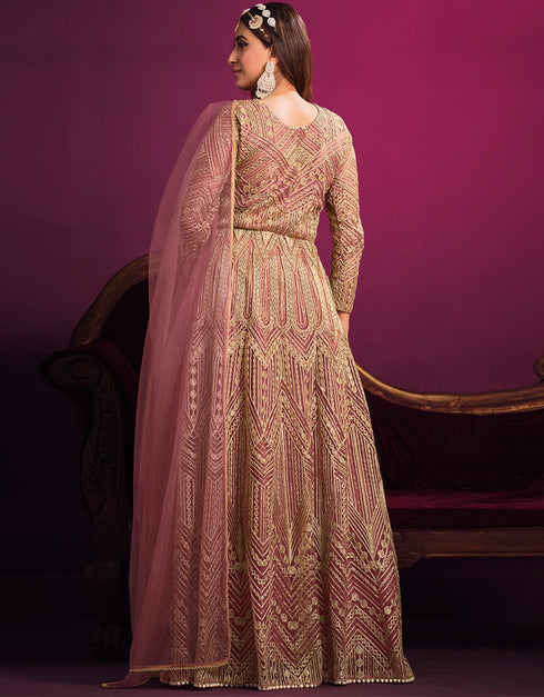 Designer Party Wear Net Salwar Suit Collection Pink Net Pant Anarkali Close-up View