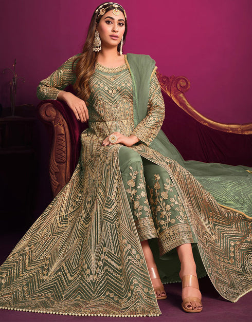 Designer Party Wear Net Salwar Suit Collection Green Net Pant Anarkali Front View