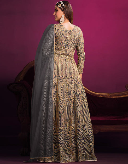Designer Party Wear Net Salwar Suit Collection Gray Net Pant Anarkali Close-up View