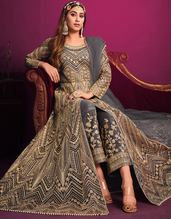 Designer Party Wear Net Salwar Suit Collection Gray Net Pant Anarkali Front View