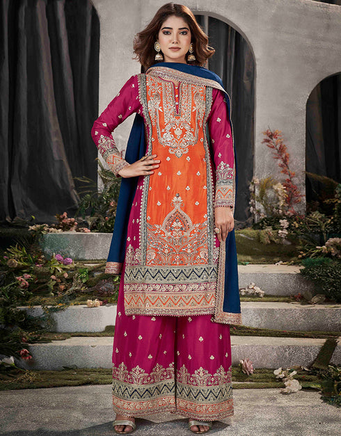 Designer Party Wear Pure Chinnon Salwar Suit Collection Orange Pure Chinnon Palazzo Straight Close-up View