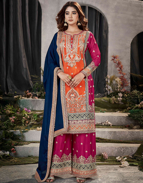 Designer Party Wear Pure Chinnon Salwar Suit Collection Orange Pure Chinnon Palazzo Straight Front View