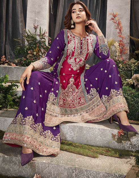 Designer Party Wear Pure Chinnon Salwar Suit Collection Rani Pink Pure Chinnon Palazzo Straight Close-up View