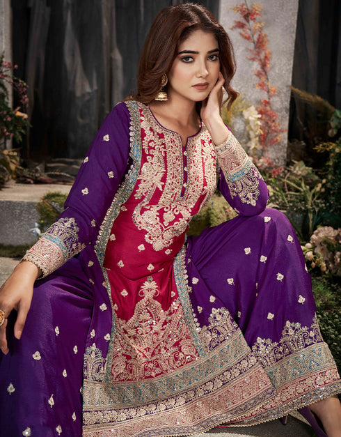 Designer Party Wear Pure Chinnon Salwar Suit Collection Rani Pink Pure Chinnon Palazzo Straight Back View