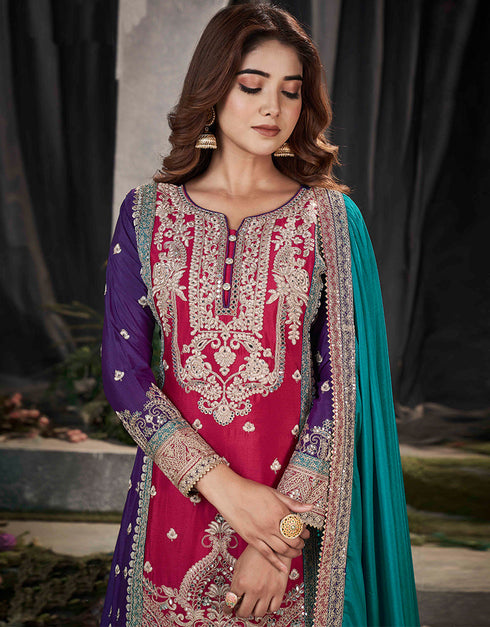 Designer Party Wear Pure Chinnon Salwar Suit Collection Rani Pink Pure Chinnon Palazzo Straight Front View