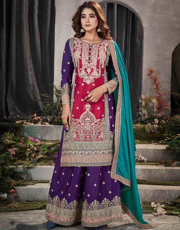 Designer Party Wear Pure Chinnon Salwar Suit Collection Rani Pink Pure Chinnon Palazzo Straight Front View