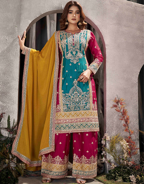 Designer Party Wear Pure Chinnon Salwar Suit Collection Teal Blue Pure Chinnon Palazzo Straight Close-up View