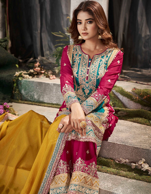Designer Party Wear Pure Chinnon Salwar Suit Collection Teal Blue Pure Chinnon Palazzo Straight Back View