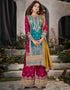 Designer Party Wear Pure Chinnon Salwar Suit Collection Teal Blue Pure Chinnon Palazzo Straight Front View