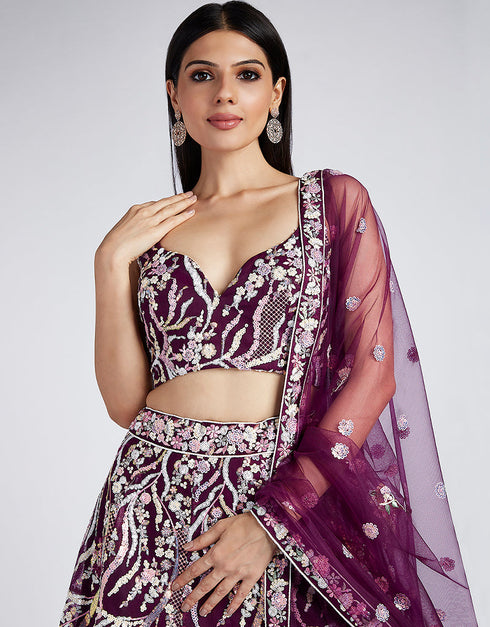 Designer Wedding Party Wear Heavy Lehenga Choli Collection Burgundy Net Lehenga Choli Front View