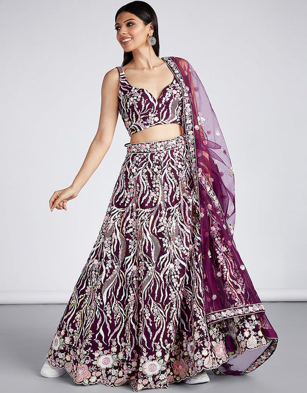 Designer Wedding Party Wear Heavy Lehenga Choli Collection Burgundy Net Lehenga Choli Front View
