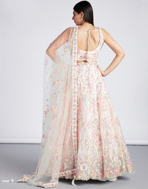 Designer Wedding Party Wear Heavy Lehenga Choli Collection Cream Net Lehenga Choli Back View