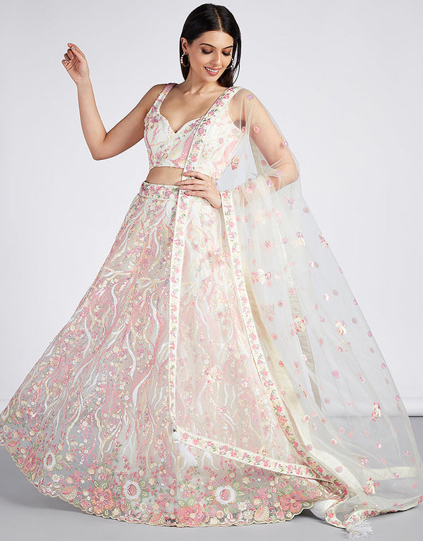 Designer Wedding Party Wear Heavy Lehenga Choli Collection Cream Net Lehenga Choli Front View
