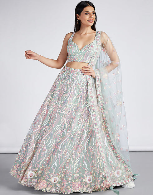 Designer Wedding Party Wear Heavy Lehenga Choli Collection Limer Green Net Lehenga Choli Close-up View