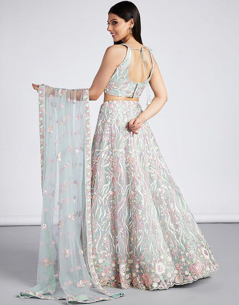 Designer Wedding Party Wear Heavy Lehenga Choli Collection Limer Green Net Lehenga Choli Front View