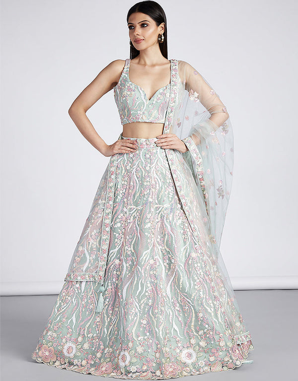 Designer Wedding Party Wear Heavy Lehenga Choli Collection Limer Green Net Lehenga Choli Front View