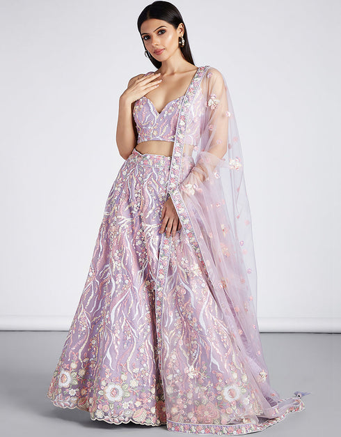 Designer Wedding Party Wear Heavy Lehenga Choli Collection Mauve Net Lehenga Choli Front View