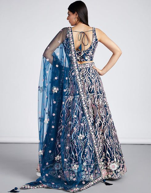 Designer Wedding Party Wear Heavy Lehenga Choli Collection Navy Blue Net Lehenga Choli Front View