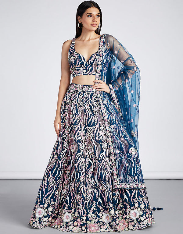 Designer Wedding Party Wear Heavy Lehenga Choli Collection Navy Blue Net Lehenga Choli Front View