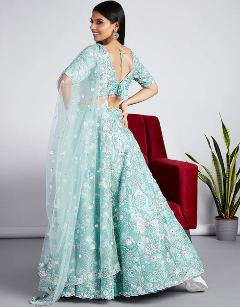 Designer Wedding Party Wear Heavy Lehenga Choli Collection Turquoise Blue Organza Lehenga Choli Back View