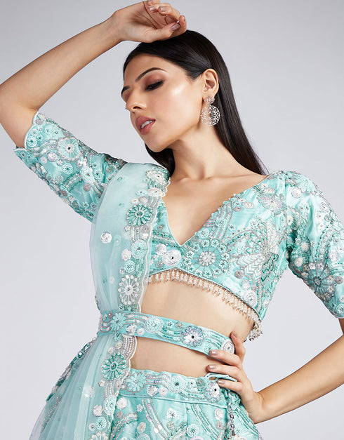 Designer Wedding Party Wear Heavy Lehenga Choli Collection Turquoise Blue Organza Lehenga Choli Front View
