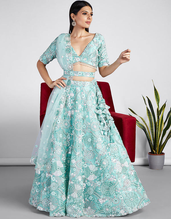 Designer Wedding Party Wear Heavy Lehenga Choli Collection Turquoise Blue Organza Lehenga Choli Front View