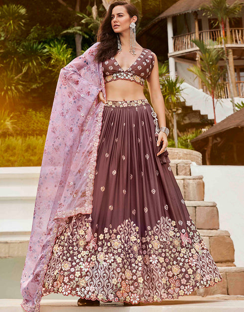Designer Wedding Party Wear Heavy Lehenga Choli Collection Rose Gold Poly Georgette Lehenga Choli Close-up View